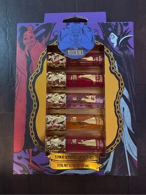 Disney villains 5 Pack Scented Lip Gloss Set Purple/Red/Gold Shades new
